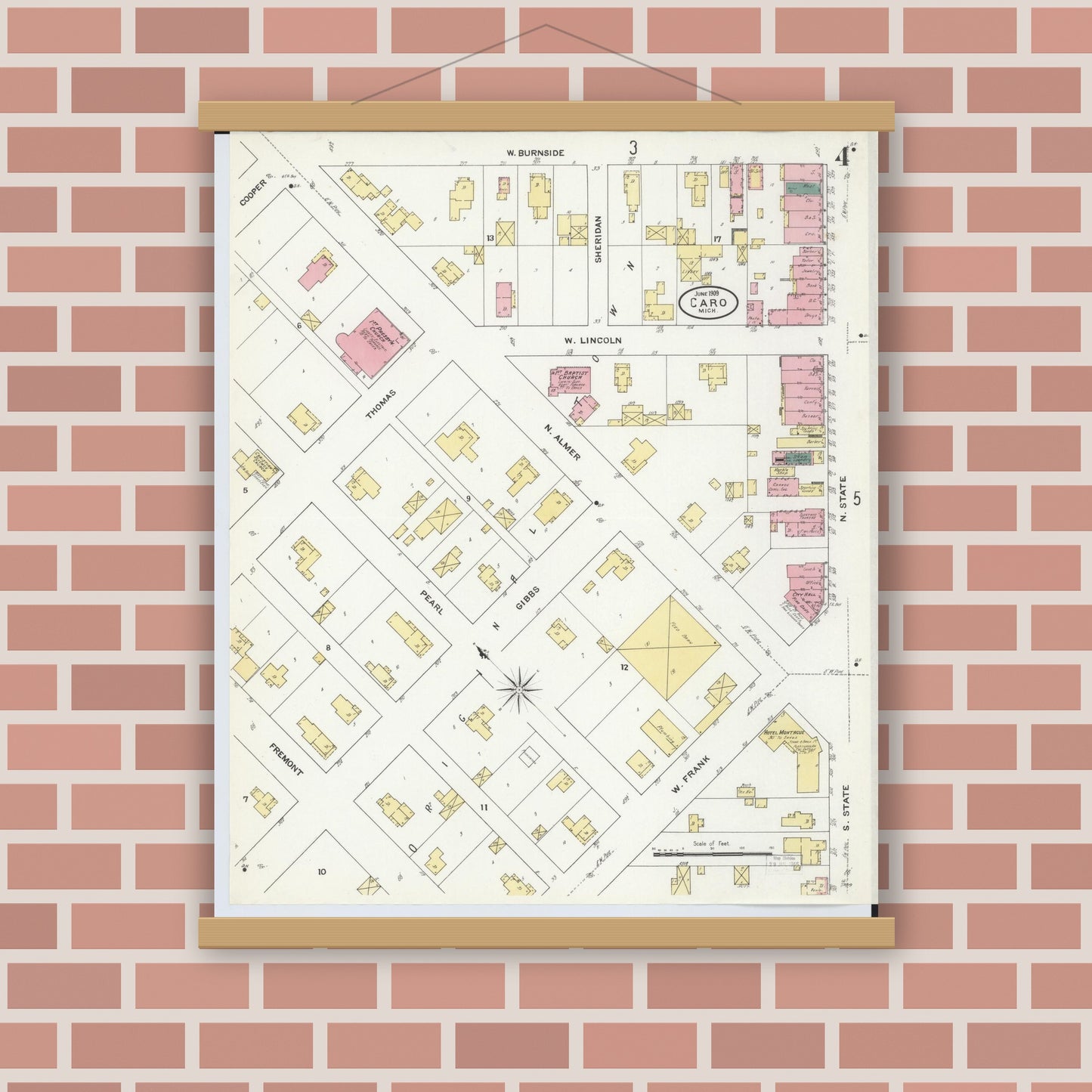 Old map wall art mockup — magnetic wood frame on brick wall — Sanborn Fire Insurance Map from Caro, Tuscola County, Michigan (1909), Sheet #0004