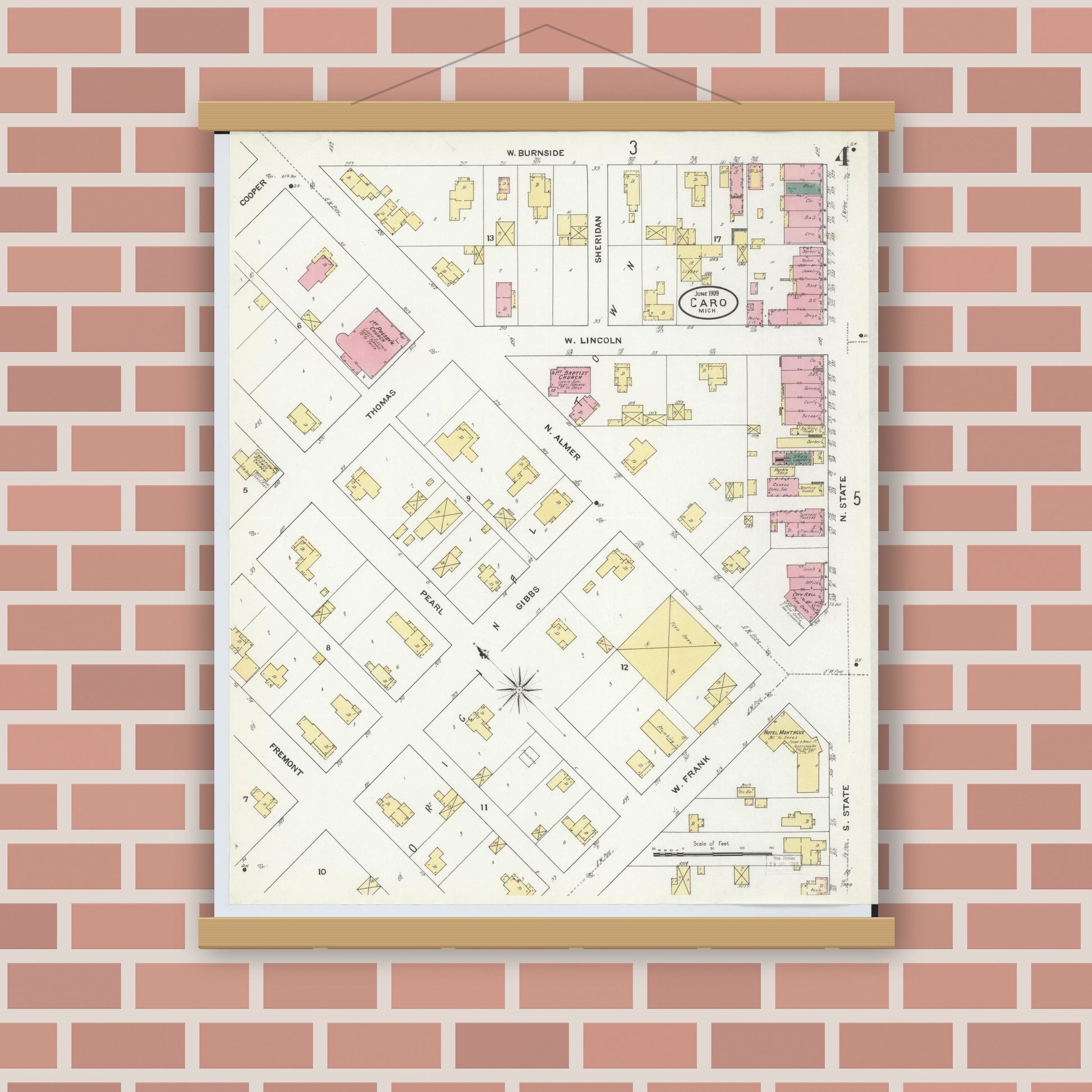Old map wall art mockup — magnetic wood frame on brick wall — Sanborn Fire Insurance Map from Caro, Tuscola County, Michigan (1909), Sheet #0004