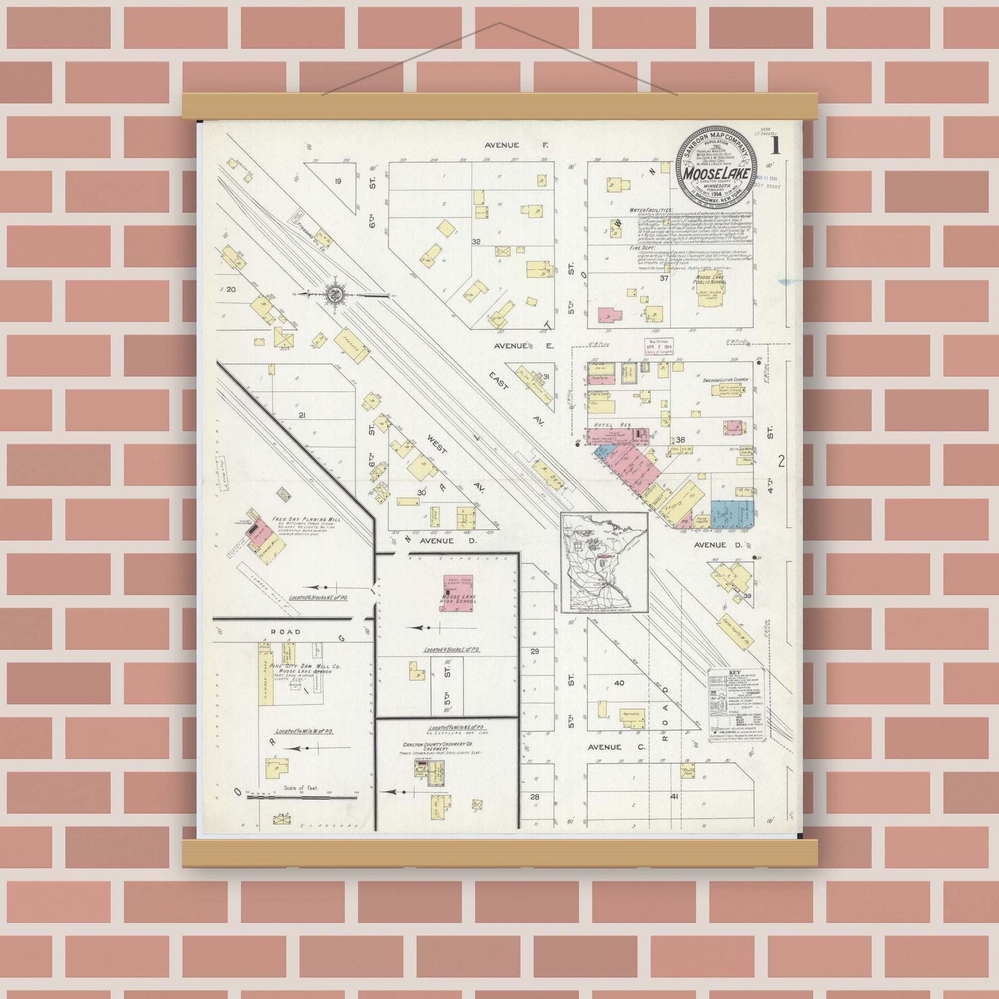 Old map wall art mockup — magnetic wood frame on brick wall — Sanborn Fire Insurance Map from Moose Lake, Carlton County, Minnesota (1914), Sheet #0001