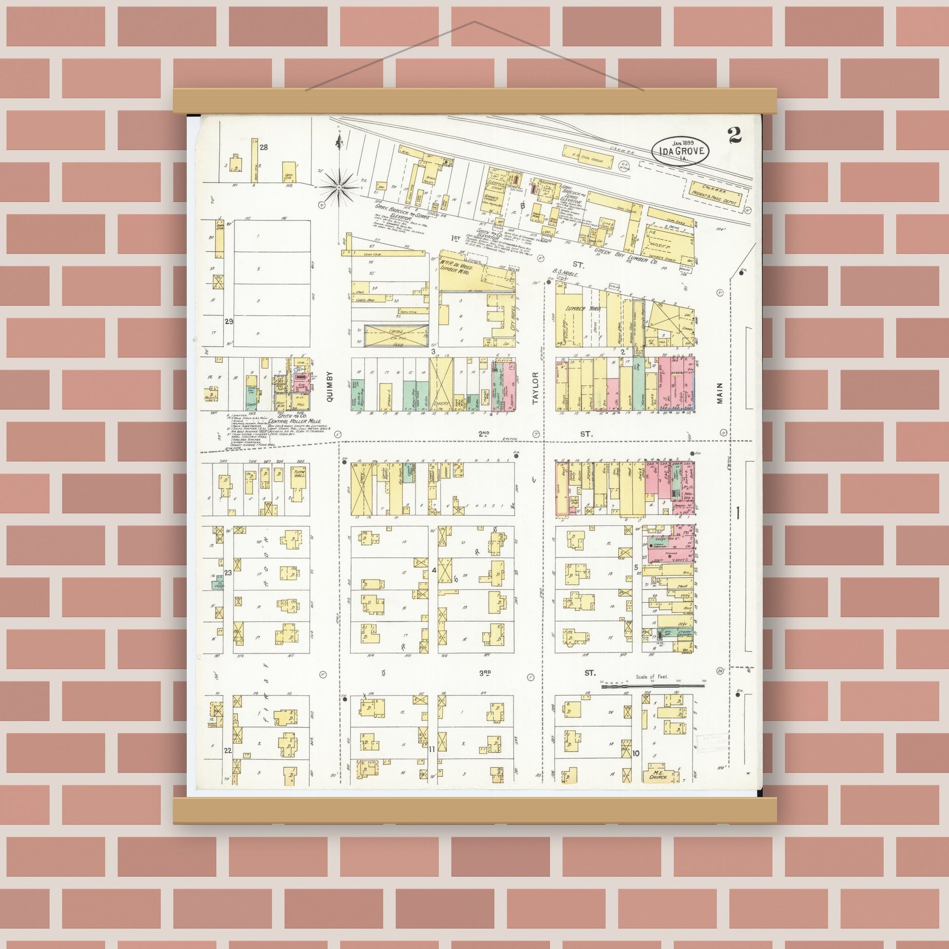 Old map wall art mockup — magnetic wood frame on brick wall — Sanborn Fire Insurance Map from Ida Grove, Ida County, Iowa (1899), Sheet #0002