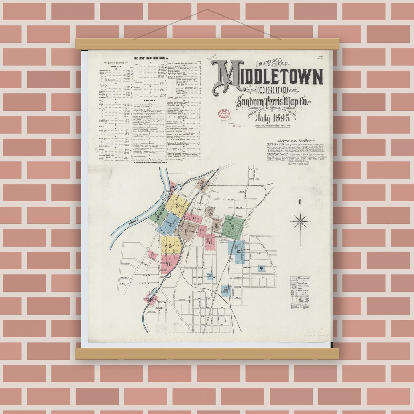 Old map wall art mockup — magnetic wood frame on brick wall — Sanborn Fire Insurance Map from Middletown, Butler County, Ohio (1895), Sheet #0001