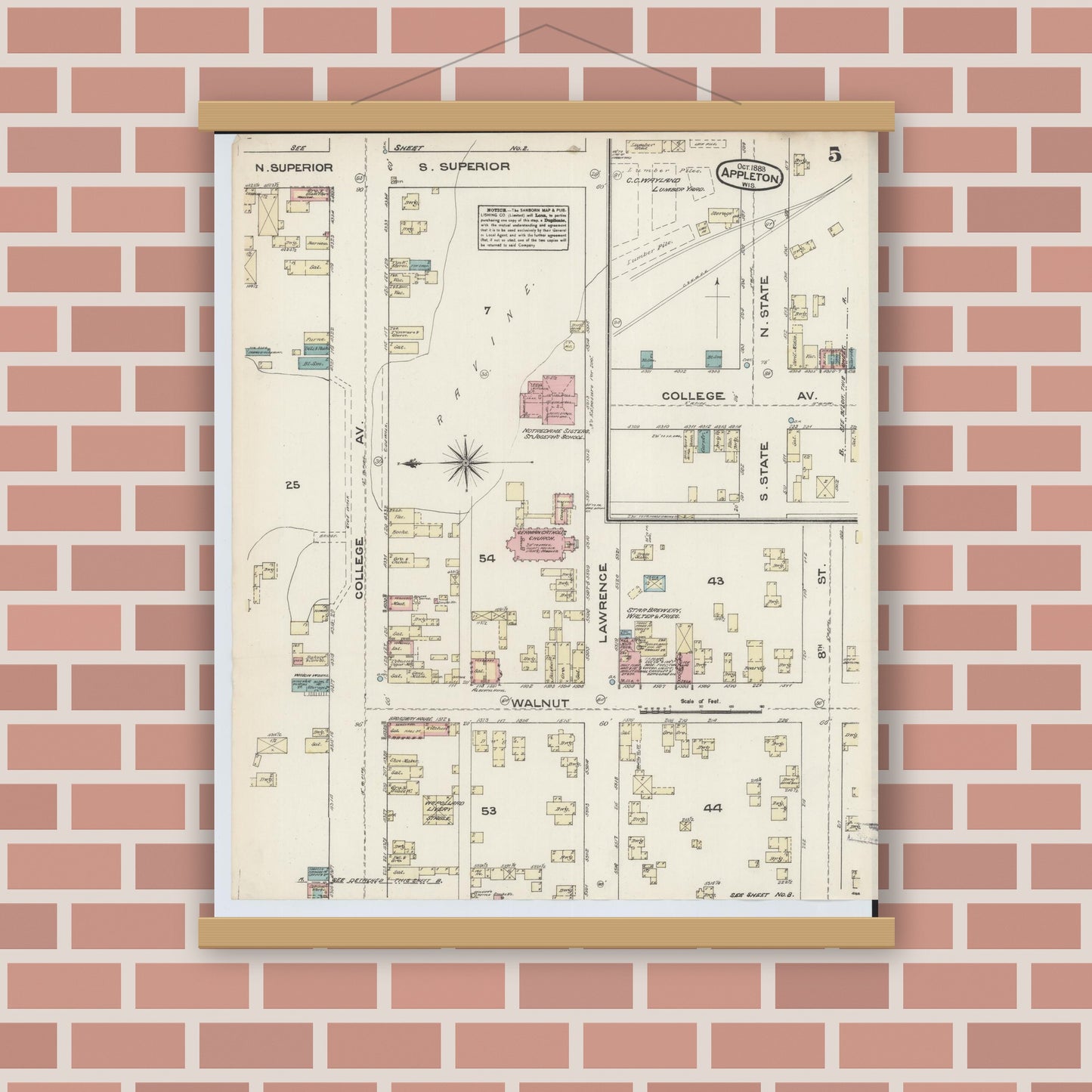 Old map wall art mockup — magnetic wood frame on brick wall — Sanborn Fire Insurance Map from Appleton, Outagamie County, Wisconsin (1883), Sheet #0005
