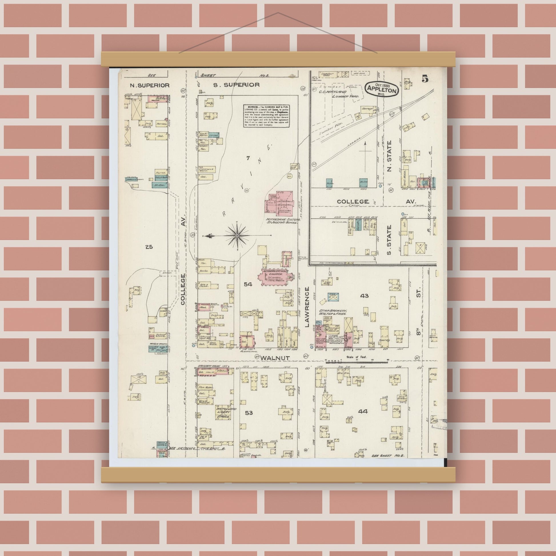 Old map wall art mockup — magnetic wood frame on brick wall — Sanborn Fire Insurance Map from Appleton, Outagamie County, Wisconsin (1883), Sheet #0005