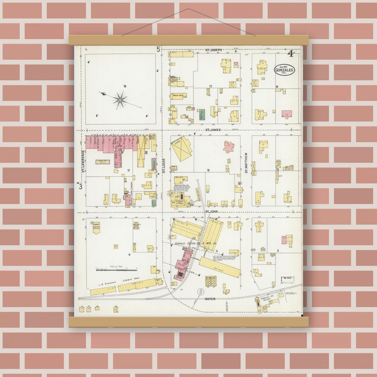 Old map wall art mockup — magnetic wood frame on brick wall — Sanborn Fire Insurance Map from Gonzales, Gonzales County, Texas (1902), Sheet #0004