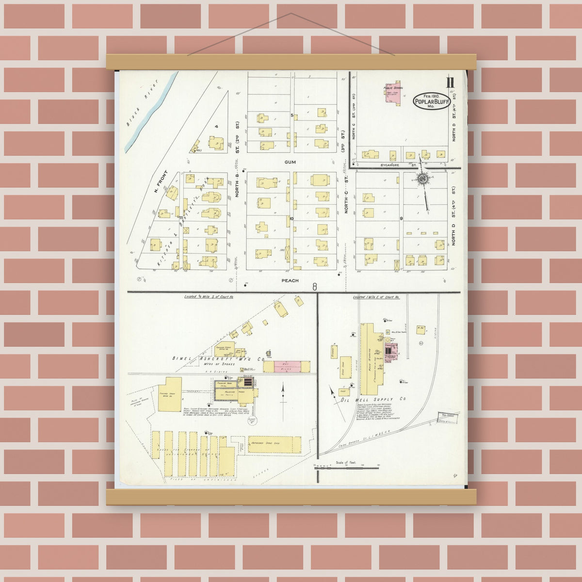 Old map wall art mockup — magnetic wood frame on brick wall — Sanborn Fire Insurance Map from Poplar Bluff, Butler County, Missouri (1910), Sheet #0011