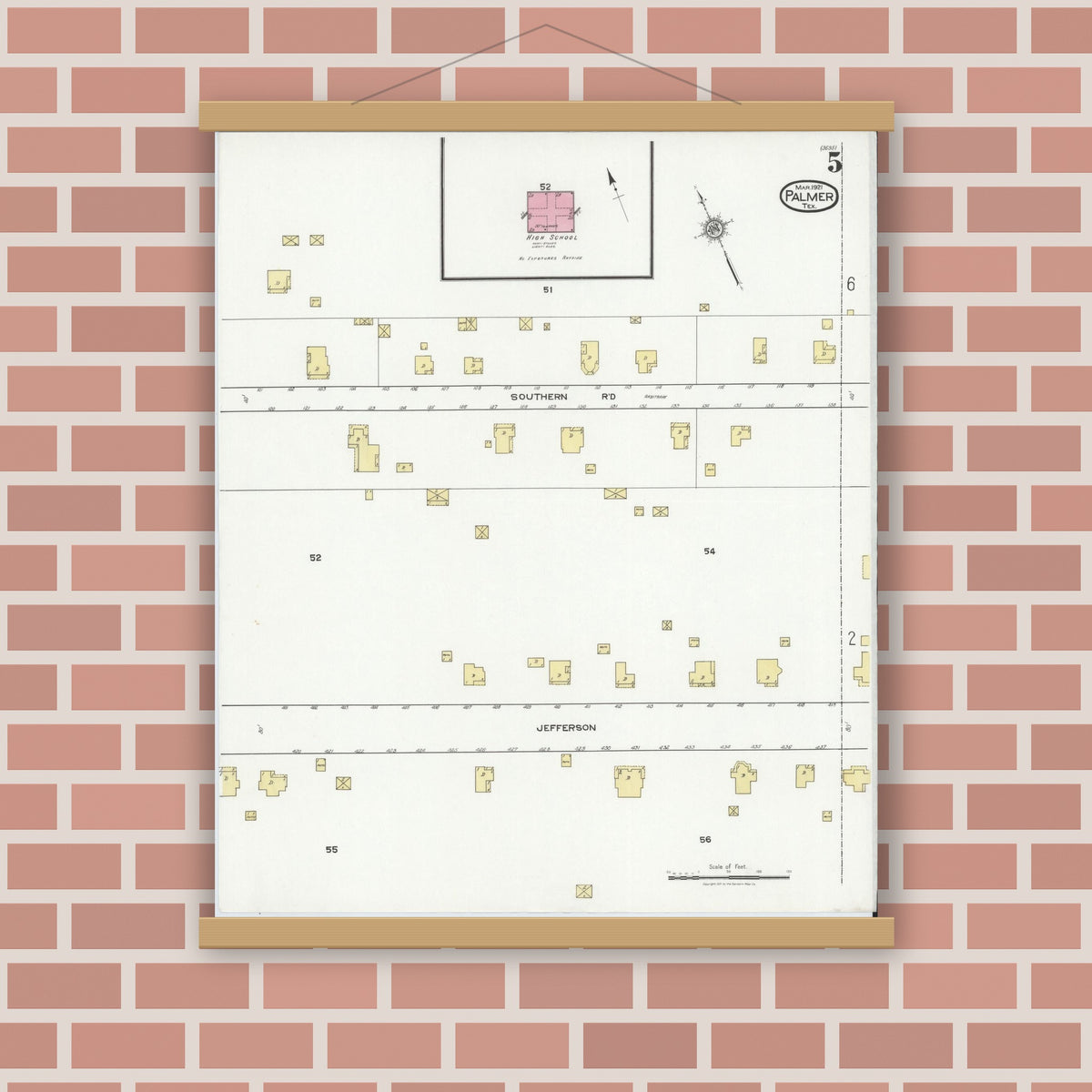 Old map wall art mockup — magnetic wood frame on brick wall — Sanborn Fire Insurance Map from Palmer, Ellis County, Texas (1921), Sheet #0005