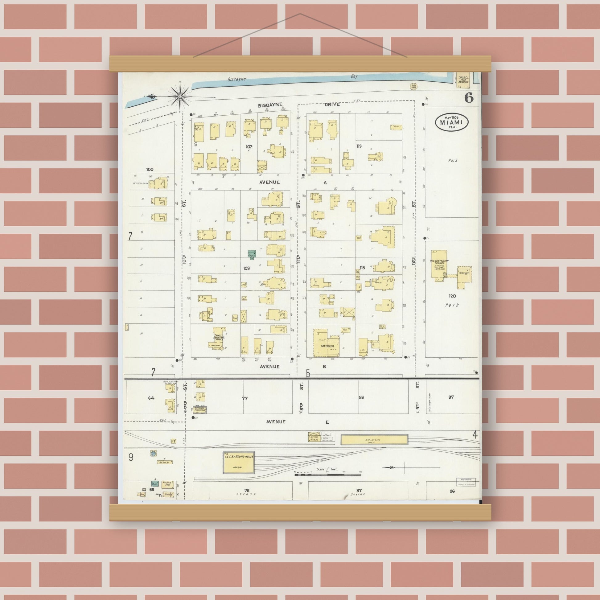 Old map wall art mockup — magnetic wood frame on brick wall — Sanborn Fire Insurance Map from Miami, Dade County, Florida (1906), Sheet #0006