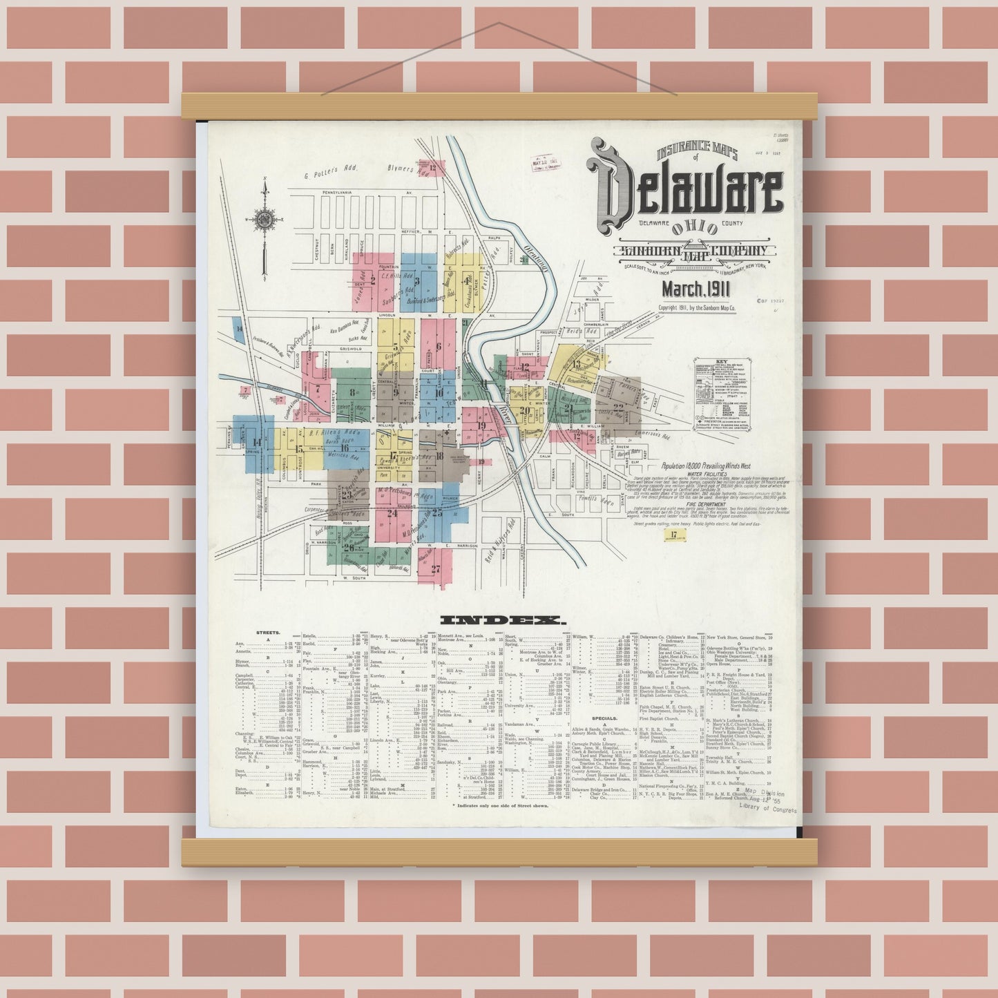 Old map wall art mockup — magnetic wood frame on brick wall — Sanborn Fire Insurance Map from Delaware, Delaware County, Ohio (1911), Sheet #0001
