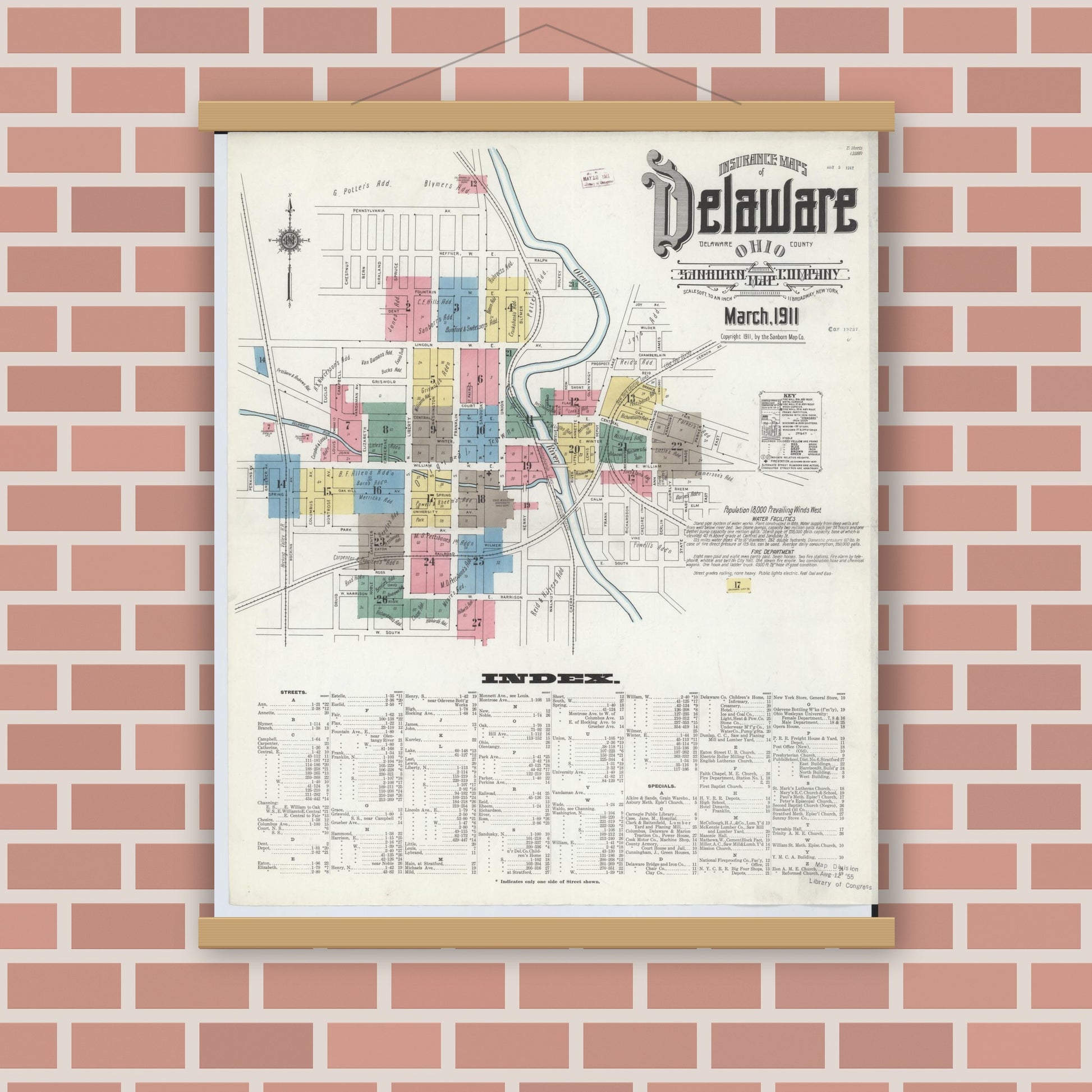 Old map wall art mockup — magnetic wood frame on brick wall — Sanborn Fire Insurance Map from Delaware, Delaware County, Ohio (1911), Sheet #0001