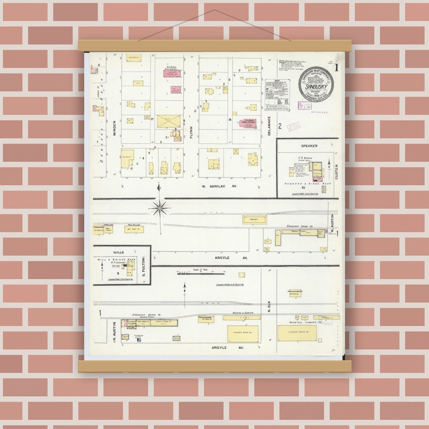 Old map wall art mockup — magnetic wood frame on brick wall — Sanborn Fire Insurance Map from Sandusky, Sanilac County, Michigan (1909) - Complete Map Set