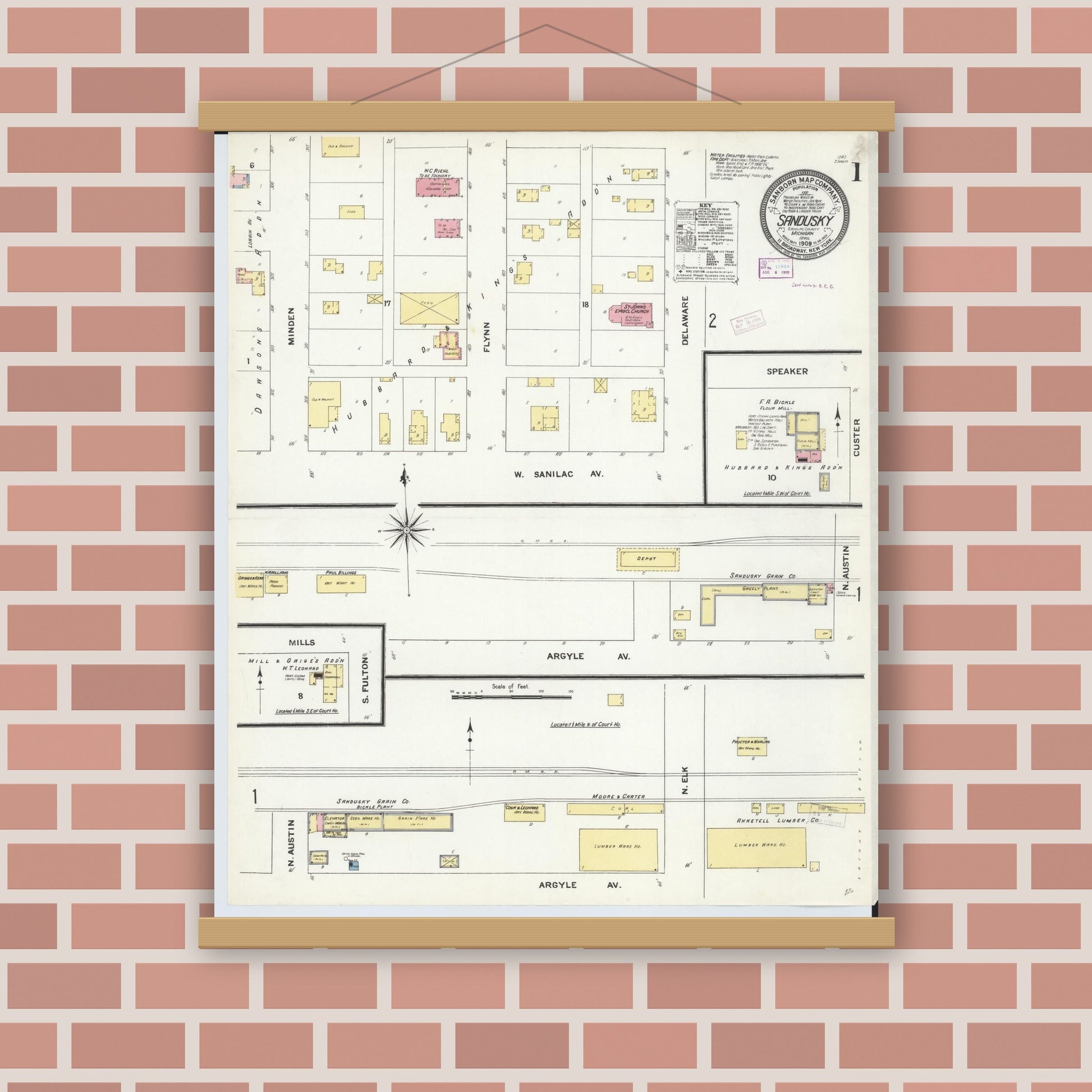 Old map wall art mockup — magnetic wood frame on brick wall — Sanborn Fire Insurance Map from Sandusky, Sanilac County, Michigan (1909) - Complete Map Set