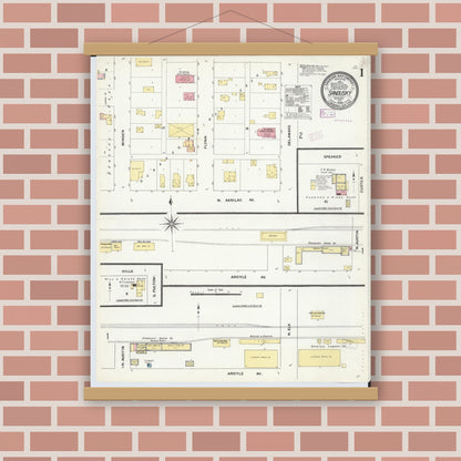 Old map wall art mockup — magnetic wood frame on brick wall — Sanborn Fire Insurance Map from Sandusky, Sanilac County, Michigan (1909) - Complete Map Set