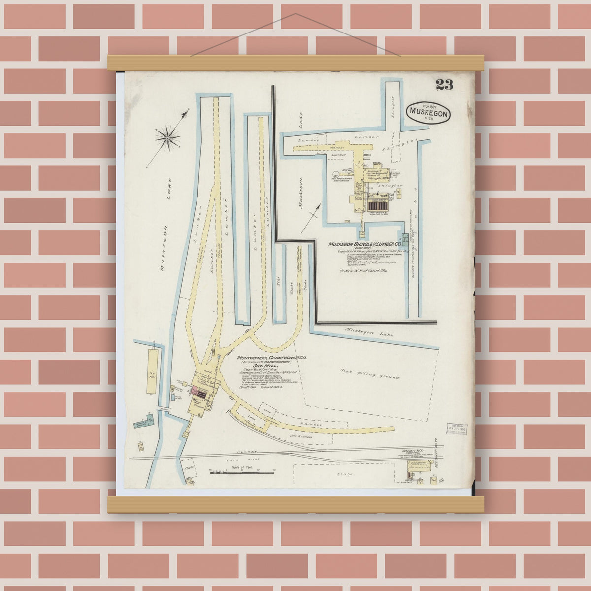 Old map wall art mockup — magnetic wood frame on brick wall — Sanborn Fire Insurance Map from Muskegon, Muskegon County, Michigan (1887), Sheet #0023