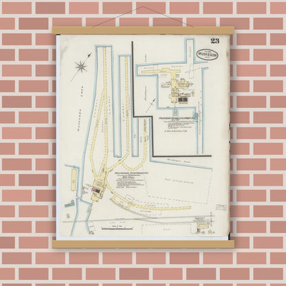 Old map wall art mockup — magnetic wood frame on brick wall — Sanborn Fire Insurance Map from Muskegon, Muskegon County, Michigan (1887), Sheet #0023