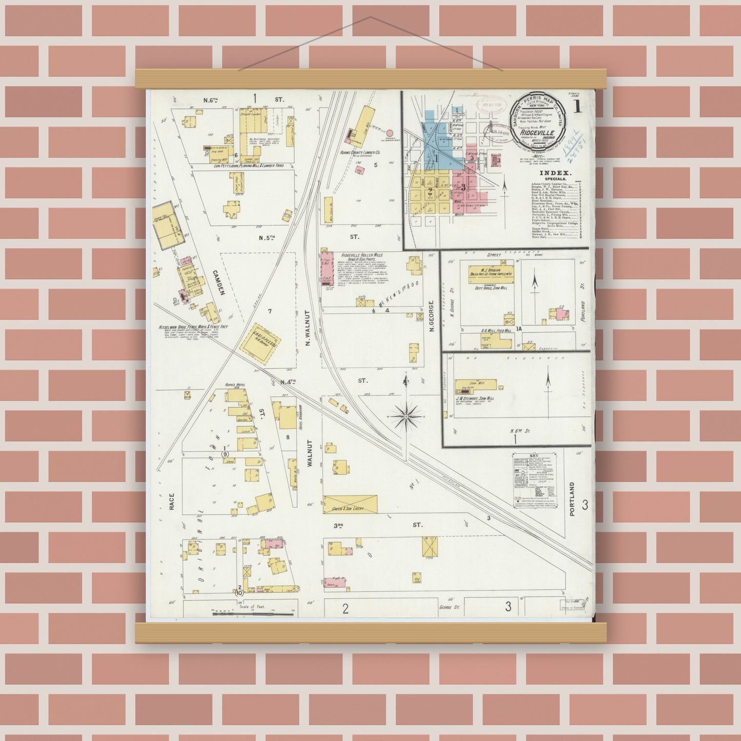 Old map wall art mockup — magnetic wood frame on brick wall — Sanborn Fire Insurance Map from Ridgeville, Randolph County, Indiana (1899) - Complete Map Set