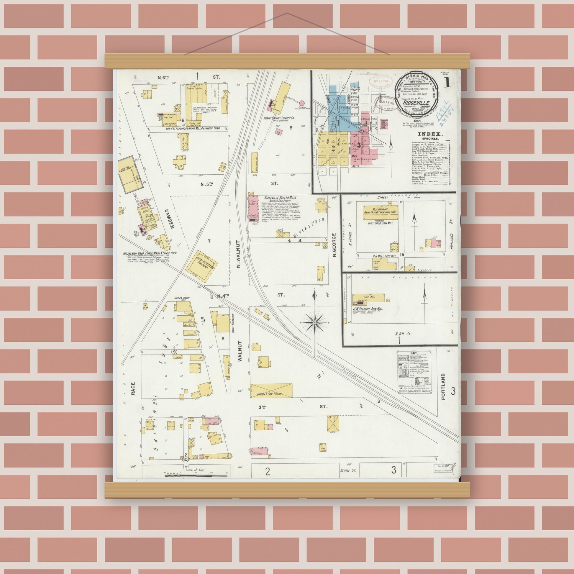 Old map wall art mockup — magnetic wood frame on brick wall — Sanborn Fire Insurance Map from Ridgeville, Randolph County, Indiana (1899) - Complete Map Set