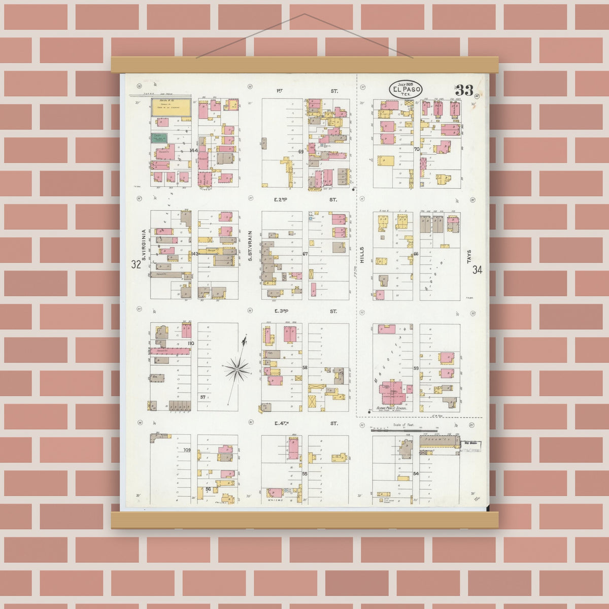 Old map wall art mockup — magnetic wood frame on brick wall — Sanborn Fire Insurance Map from El Paso, El Paso County, Texas (1905), Sheet #0033