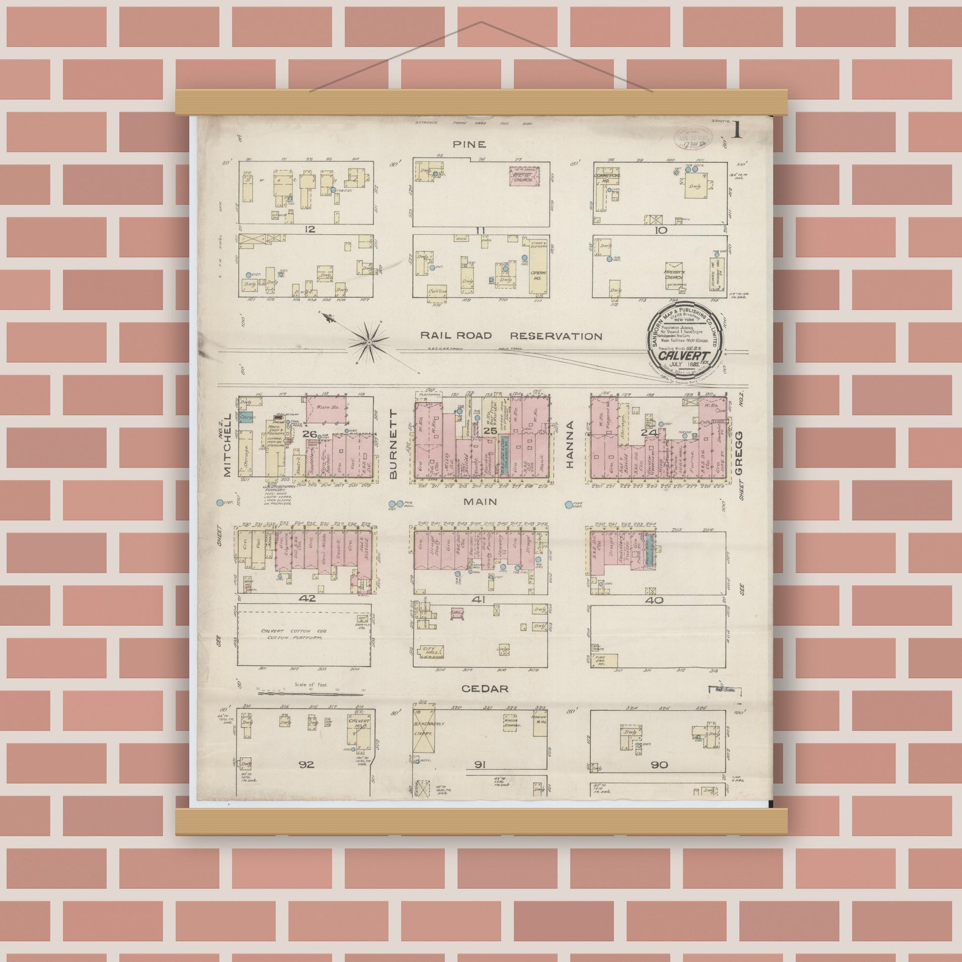Old map wall art mockup — magnetic wood frame on brick wall — Sanborn Fire Insurance Map from Calvert, Robertson County, Texas (1885), Sheet #0001