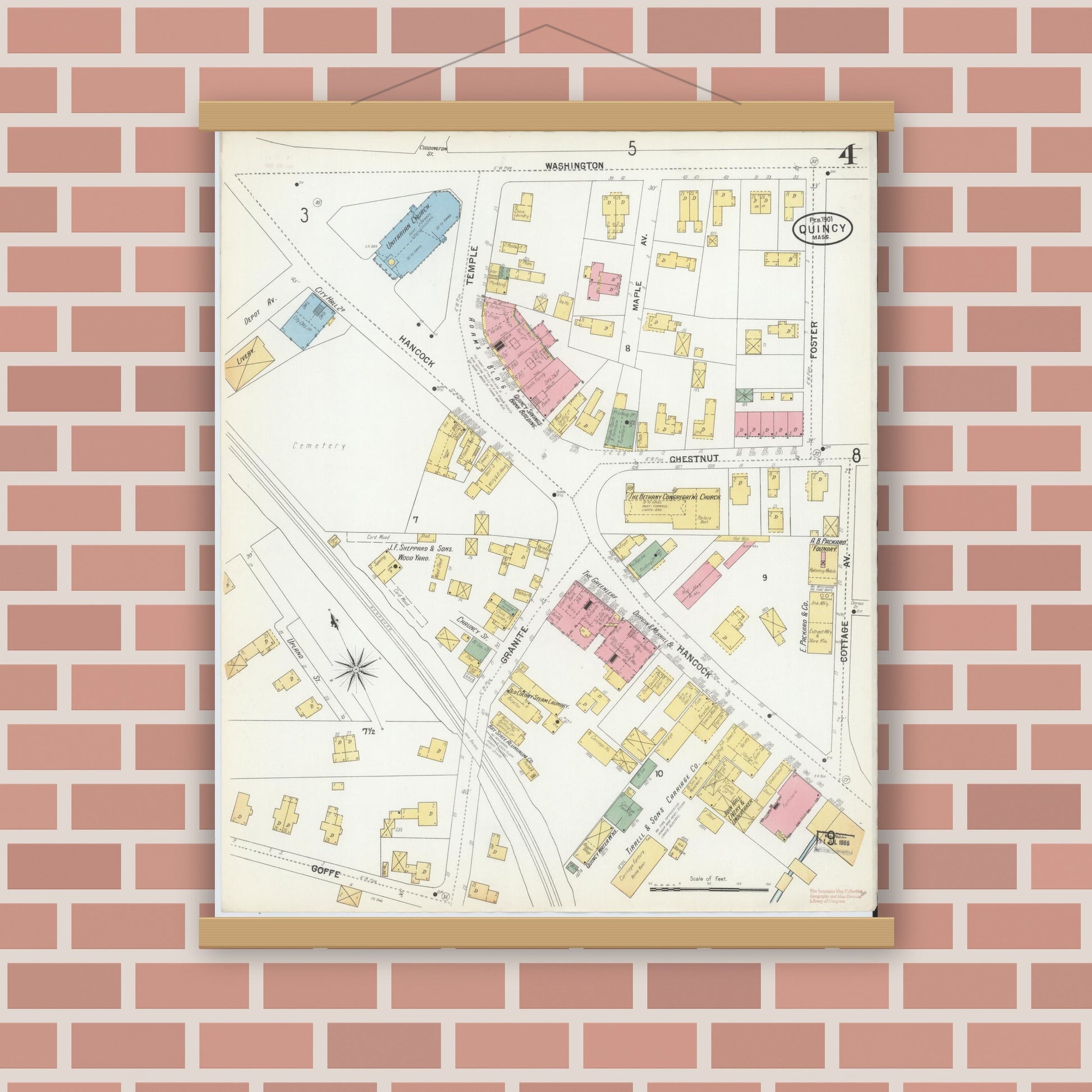 Old map wall art mockup — magnetic wood frame on brick wall — Sanborn Fire Insurance Map from Quincy, Norfolk County, Massachusetts (1901), Sheet #0004