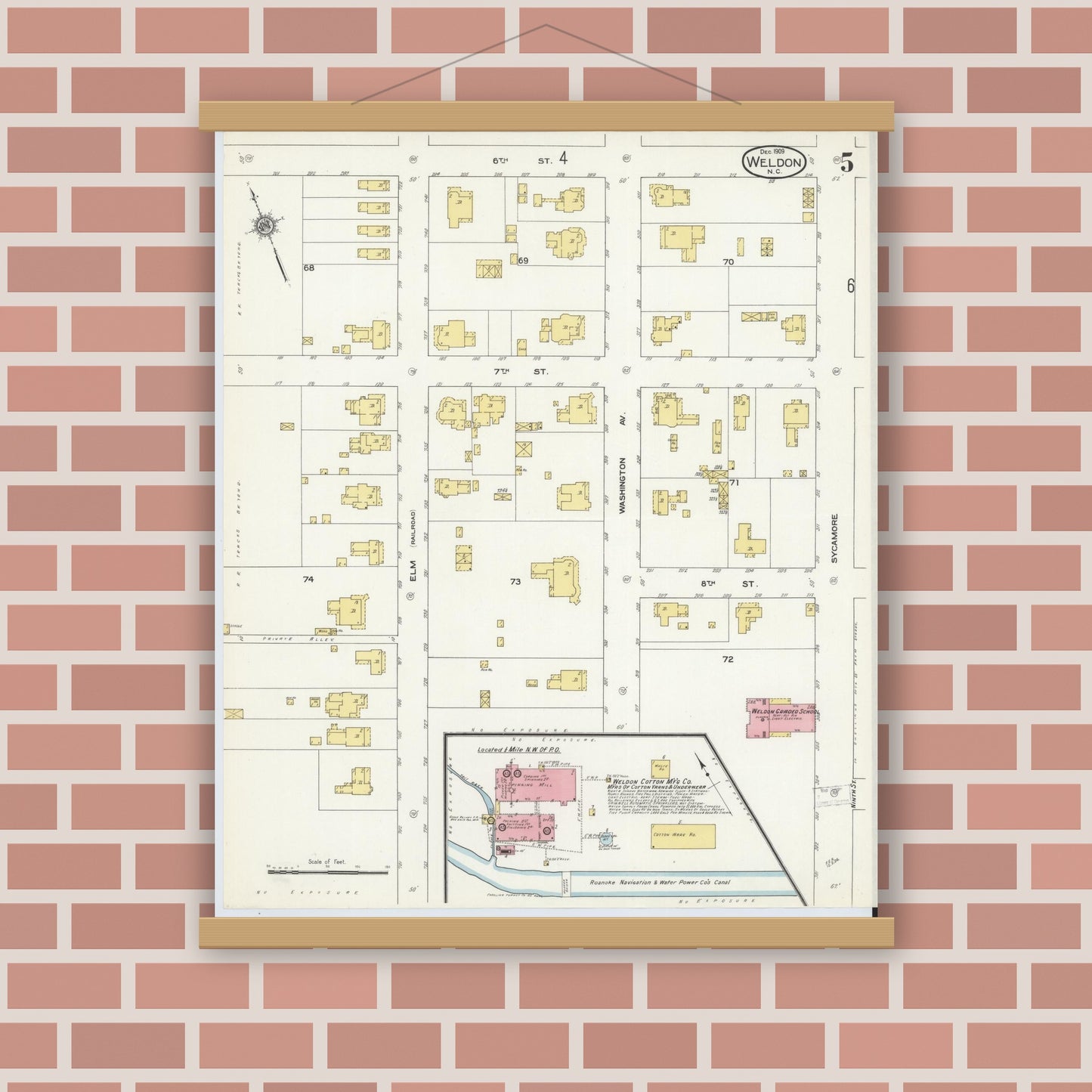 Old map wall art mockup — magnetic wood frame on brick wall — Sanborn Fire Insurance Map from Weldon, Halifax County, North Carolina (1909), Sheet #0005