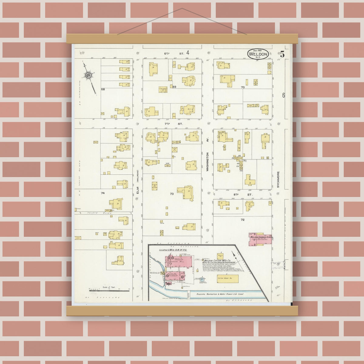 Old map wall art mockup — magnetic wood frame on brick wall — Sanborn Fire Insurance Map from Weldon, Halifax County, North Carolina (1909), Sheet #0005