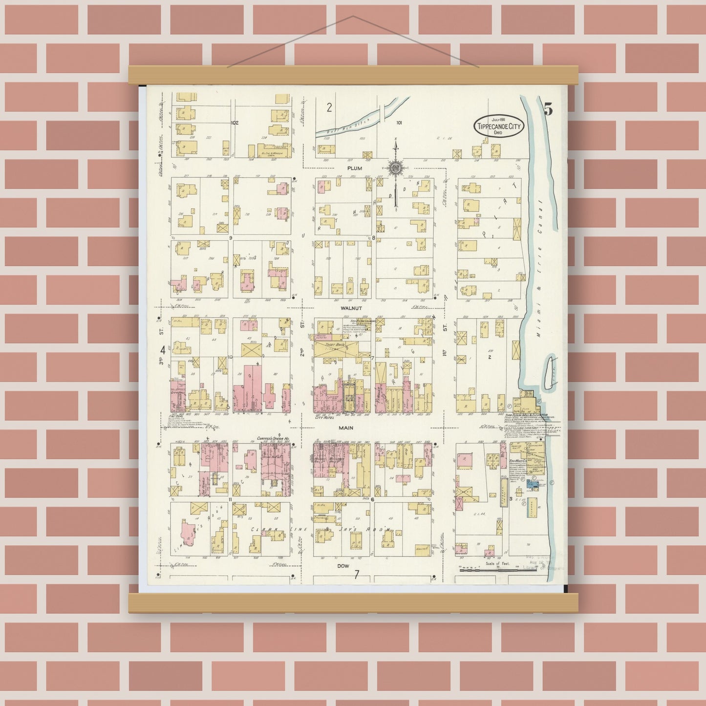 Old map wall art mockup — magnetic wood frame on brick wall — Sanborn Fire Insurance Map from Tipp City, Miami County, Ohio (1911), Sheet #0005