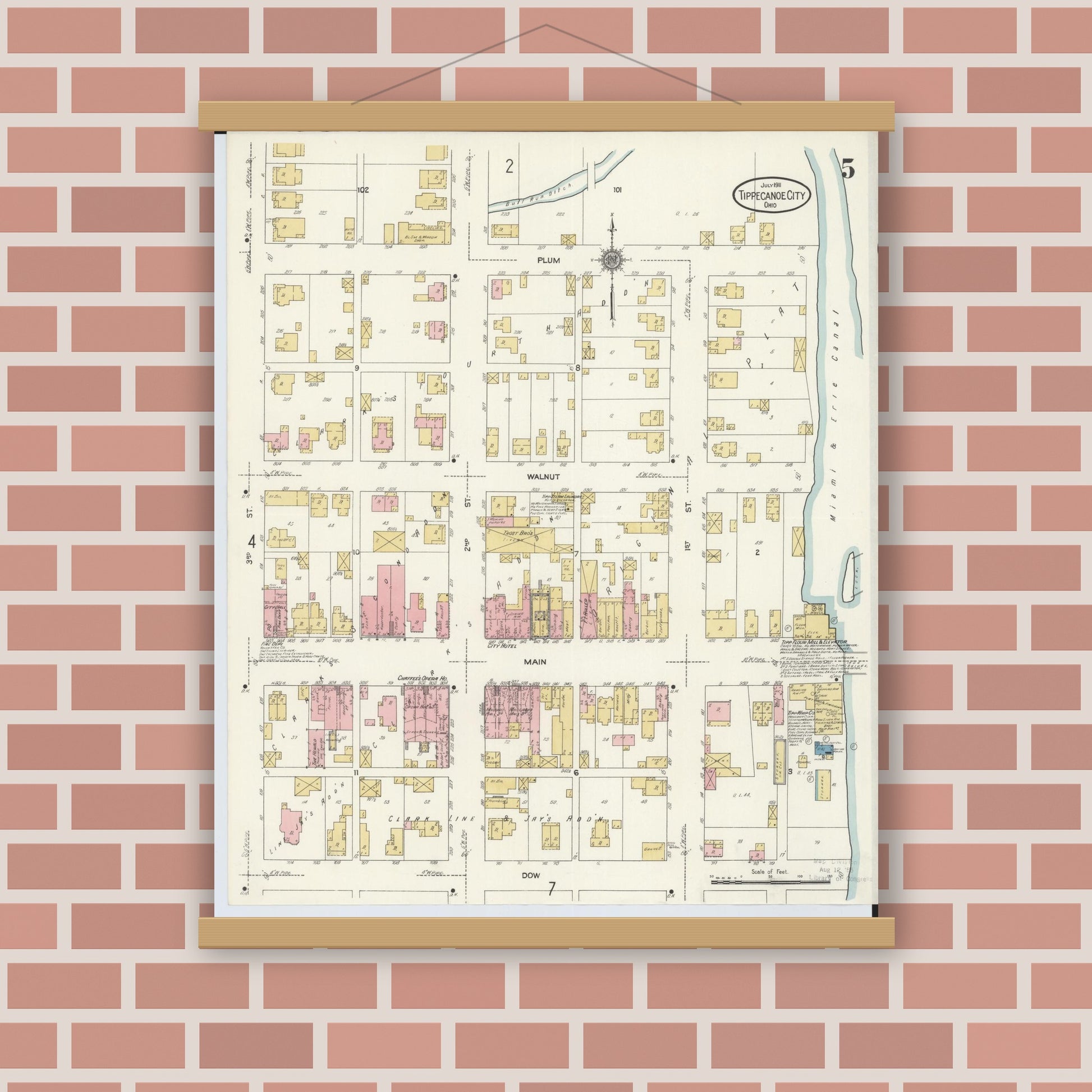Old map wall art mockup — magnetic wood frame on brick wall — Sanborn Fire Insurance Map from Tipp City, Miami County, Ohio (1911), Sheet #0005