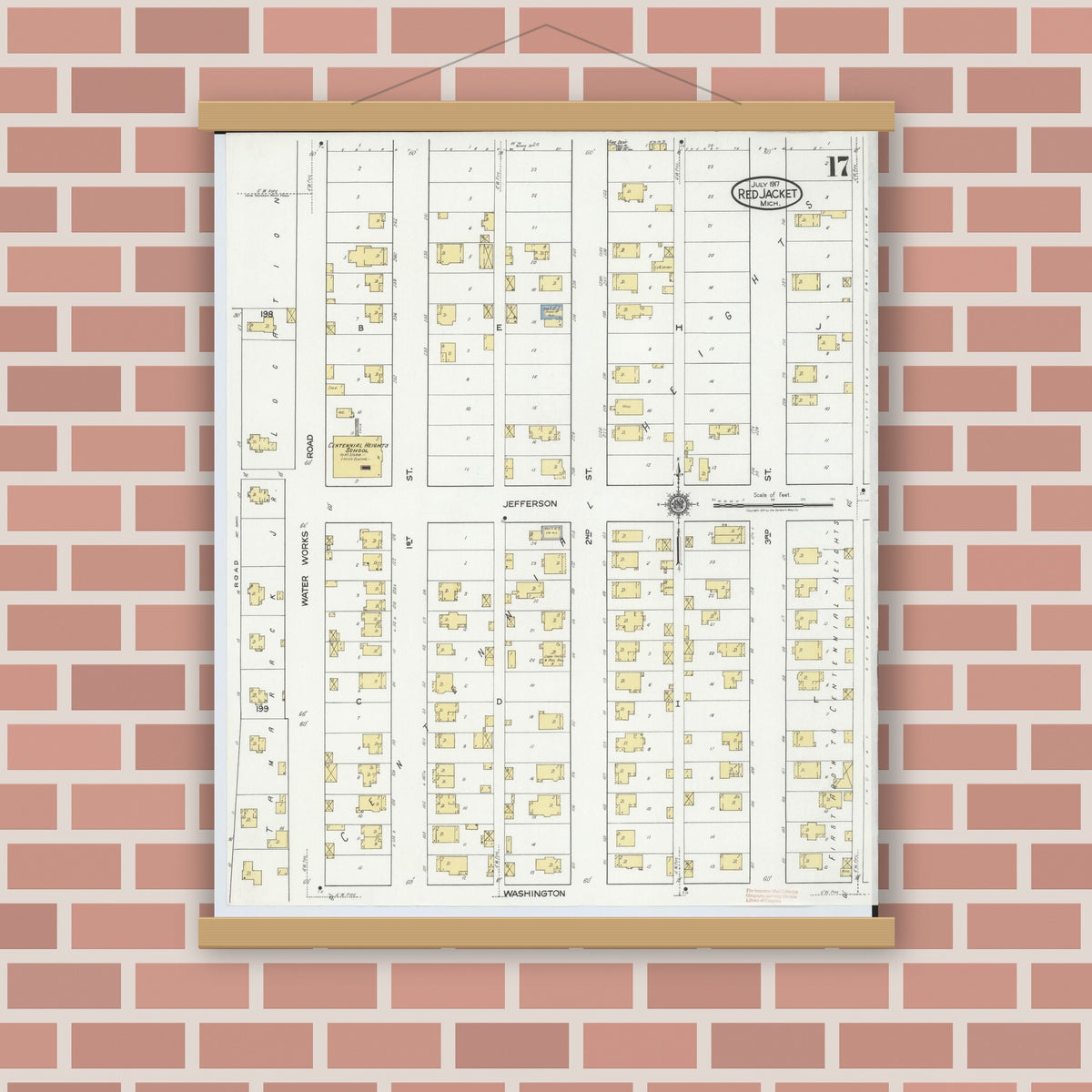 Old map wall art mockup — magnetic wood frame on brick wall — Sanborn Fire Insurance Map from Red Jacket, Houghton County, Michigan (1917), Sheet #0017