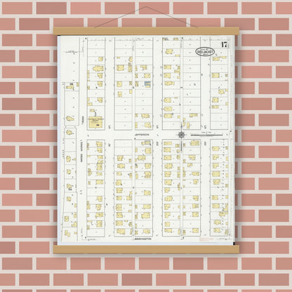 Old map wall art mockup — magnetic wood frame on brick wall — Sanborn Fire Insurance Map from Red Jacket, Houghton County, Michigan (1917), Sheet #0017