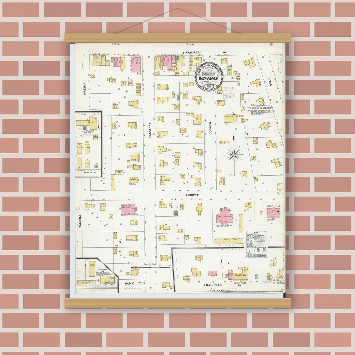 Old map wall art mockup — magnetic wood frame on brick wall — Sanborn Fire Insurance Map from Wakeman, Huron County, Ohio (1905), Sheet #0001