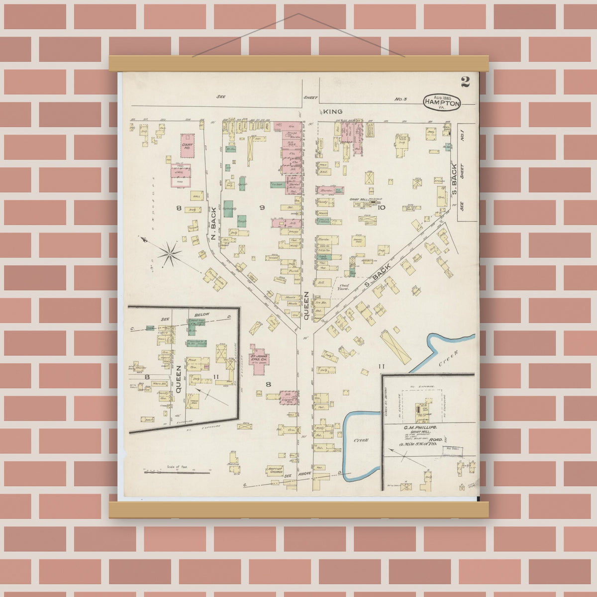 Old map wall art mockup — magnetic wood frame on brick wall — Sanborn Fire Insurance Map from Hampton, Independent Cities, Virginia (1885), Sheet #0002