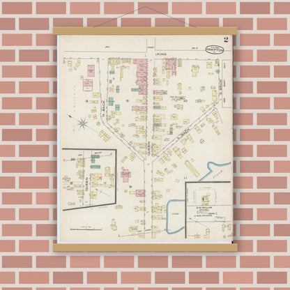 Old map wall art mockup — magnetic wood frame on brick wall — Sanborn Fire Insurance Map from Hampton, Independent Cities, Virginia (1885), Sheet #0002