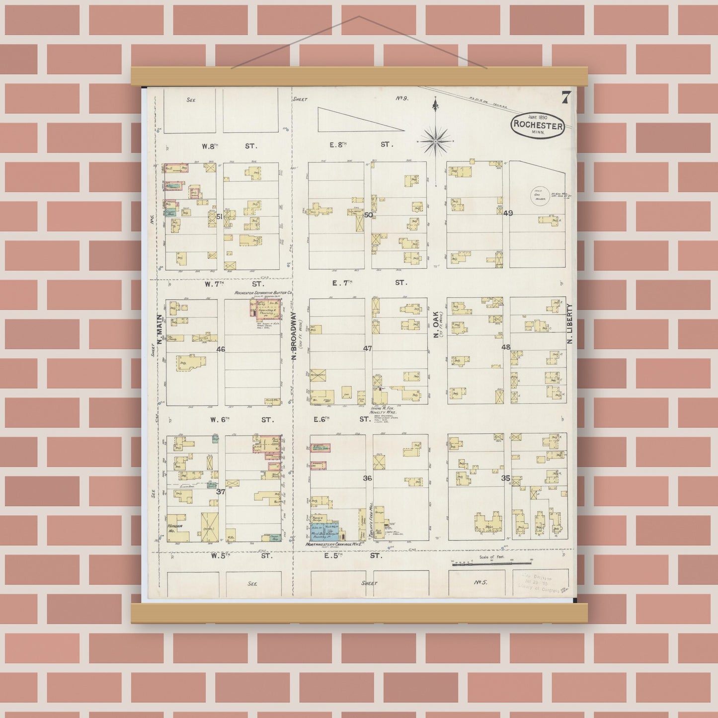 Old map wall art mockup — magnetic wood frame on brick wall — Sanborn Fire Insurance Map from Rochester, Olmsted County, Minnesota (1890), Sheet #0007
