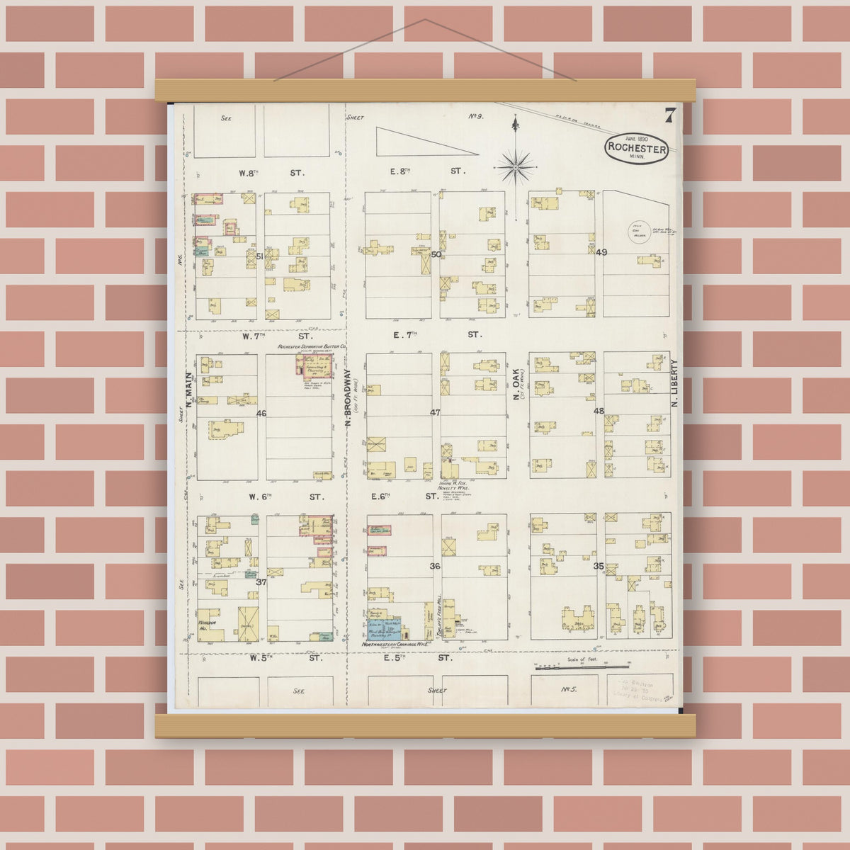 Old map wall art mockup — magnetic wood frame on brick wall — Sanborn Fire Insurance Map from Rochester, Olmsted County, Minnesota (1890), Sheet #0007