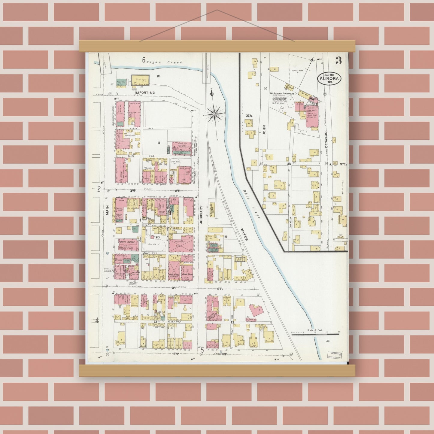 Old map wall art mockup — magnetic wood frame on brick wall — Sanborn Fire Insurance Map from Aurora, Dearborn County, Indiana (1906), Sheet #0003