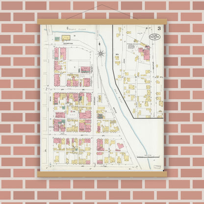 Old map wall art mockup — magnetic wood frame on brick wall — Sanborn Fire Insurance Map from Aurora, Dearborn County, Indiana (1906), Sheet #0003