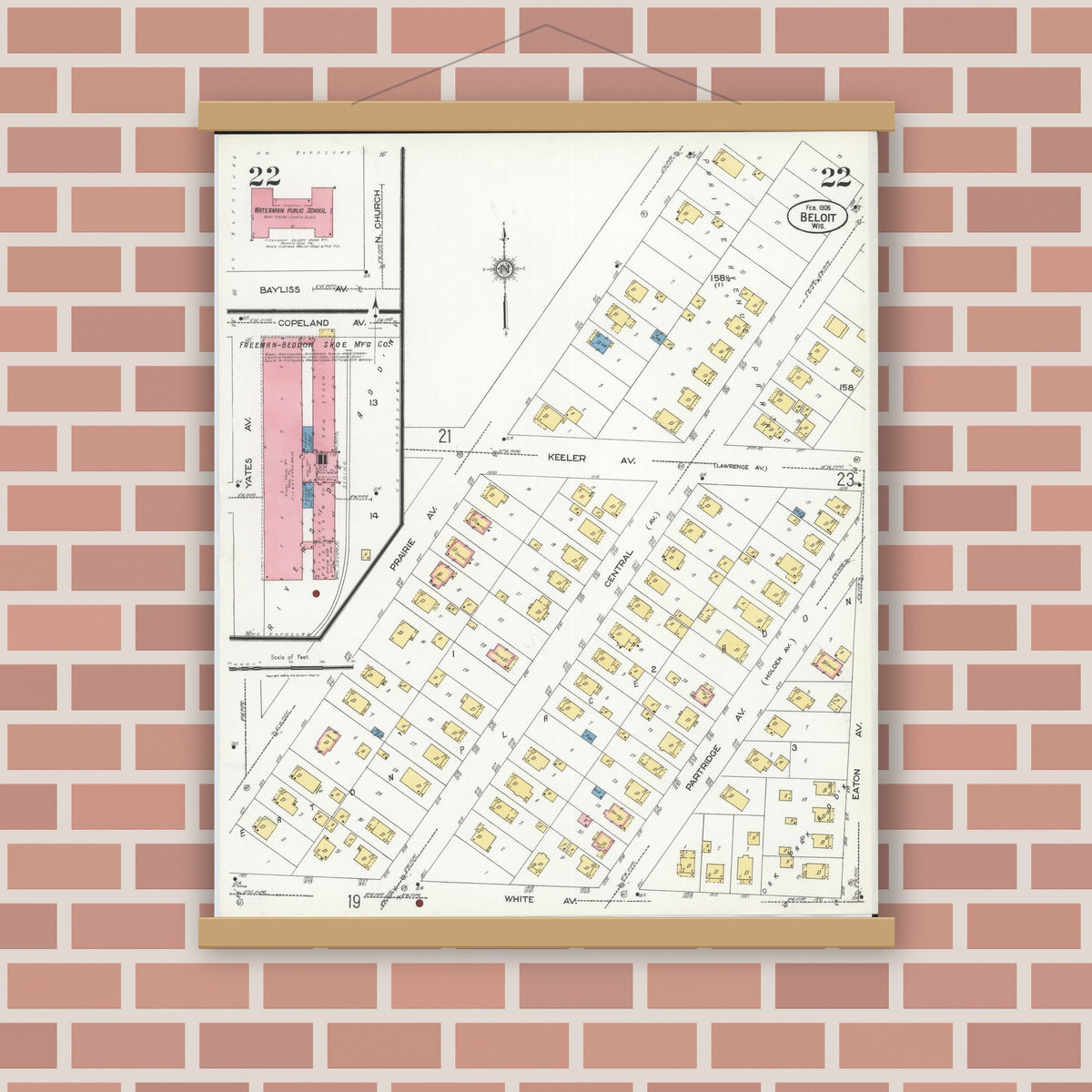 Old map wall art mockup — magnetic wood frame on brick wall — Sanborn Fire Insurance Map from Beloit, Rock County, Wisconsin (1926), Sheet #0022