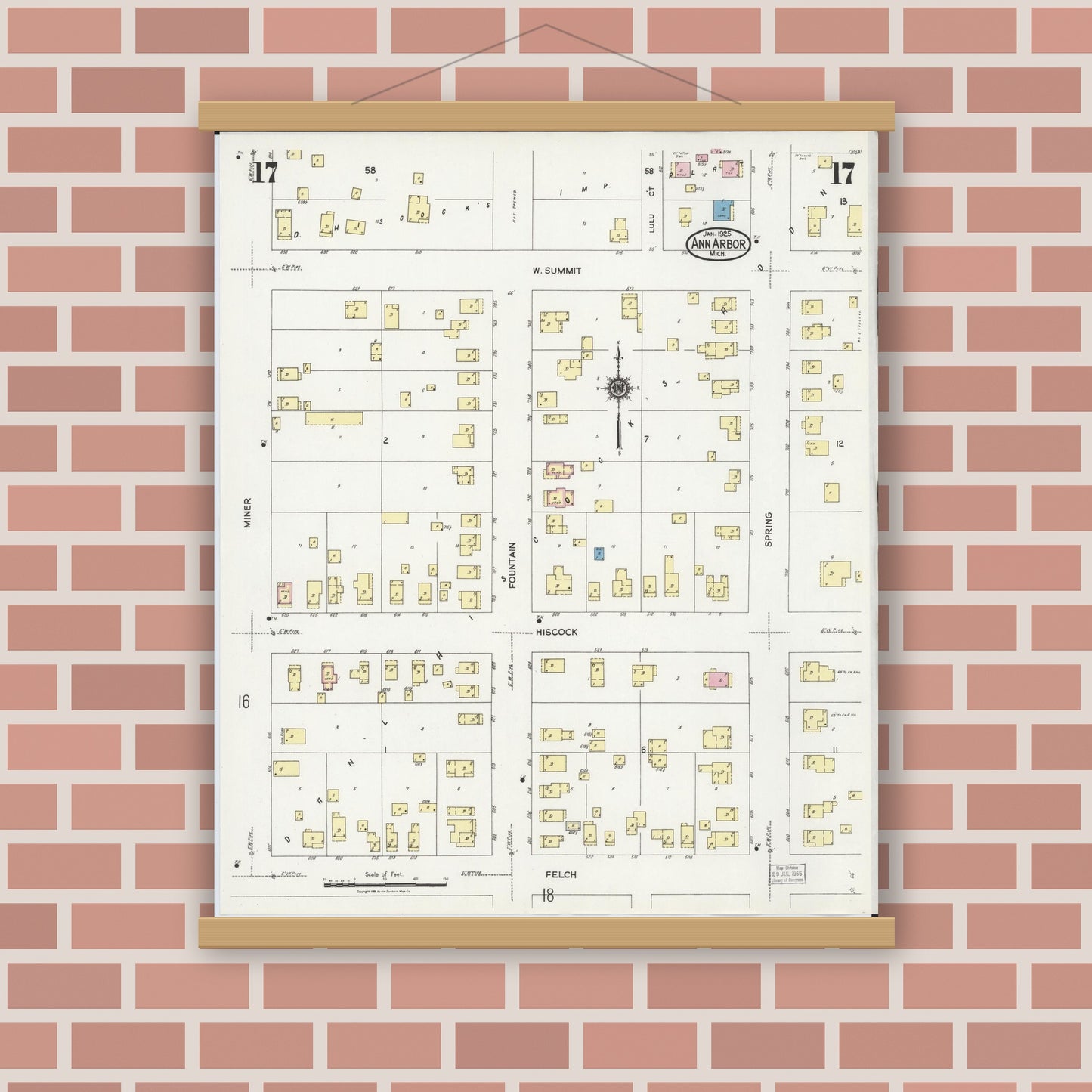 Old map wall art mockup — magnetic wood frame on brick wall — Sanborn Fire Insurance Map from Ann Arbor, Washtenaw County, Michigan (1925), Sheet #0017