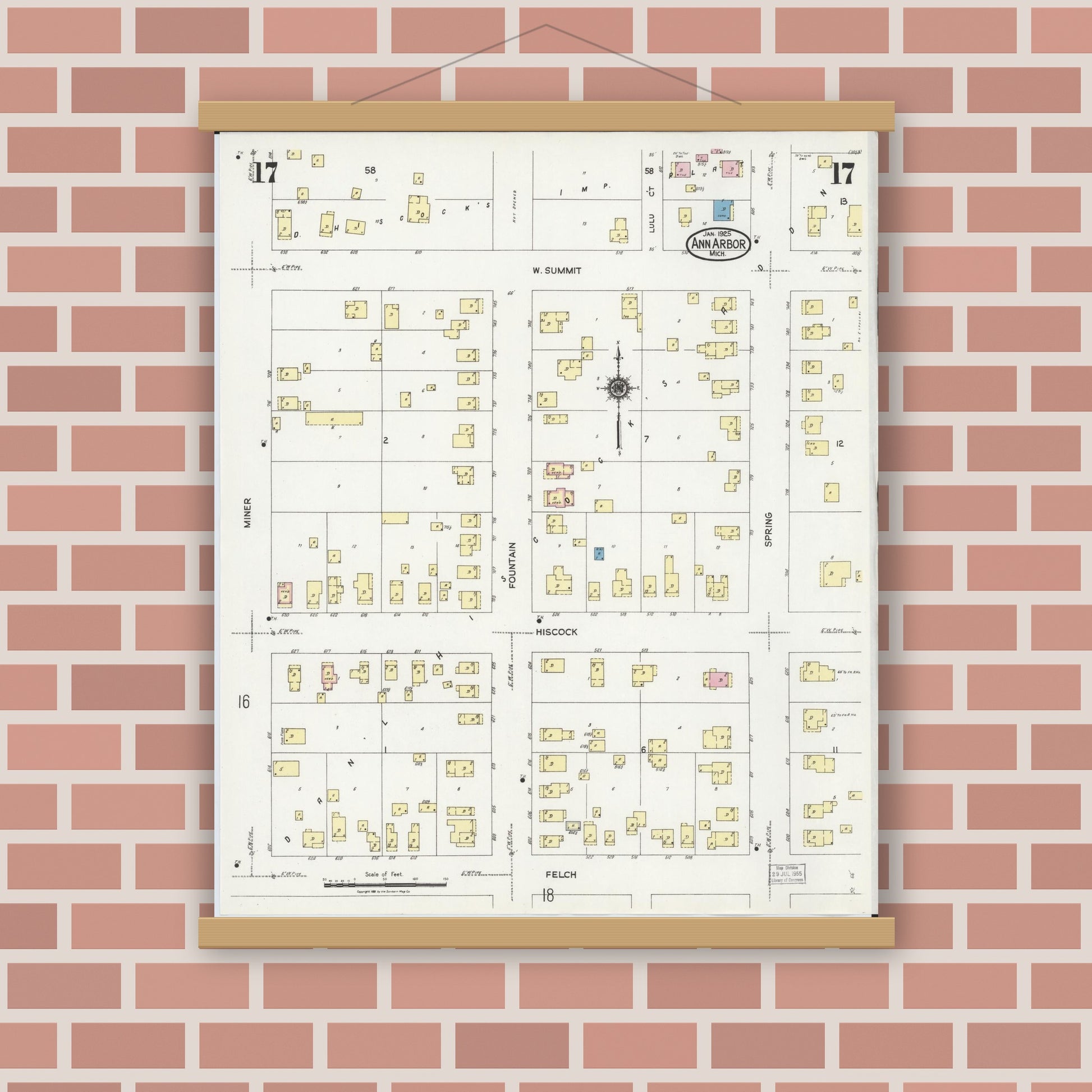 Old map wall art mockup — magnetic wood frame on brick wall — Sanborn Fire Insurance Map from Ann Arbor, Washtenaw County, Michigan (1925), Sheet #0017