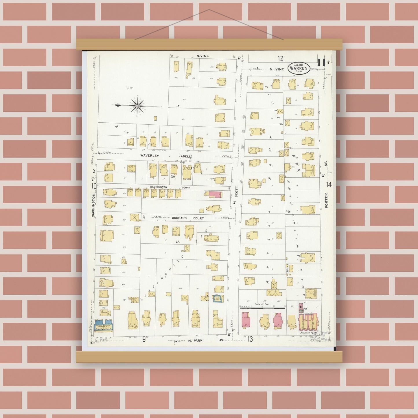 Old map wall art mockup — magnetic wood frame on brick wall — Sanborn Fire Insurance Map from Warren, Trumbull County, Ohio (1908), Sheet #0011