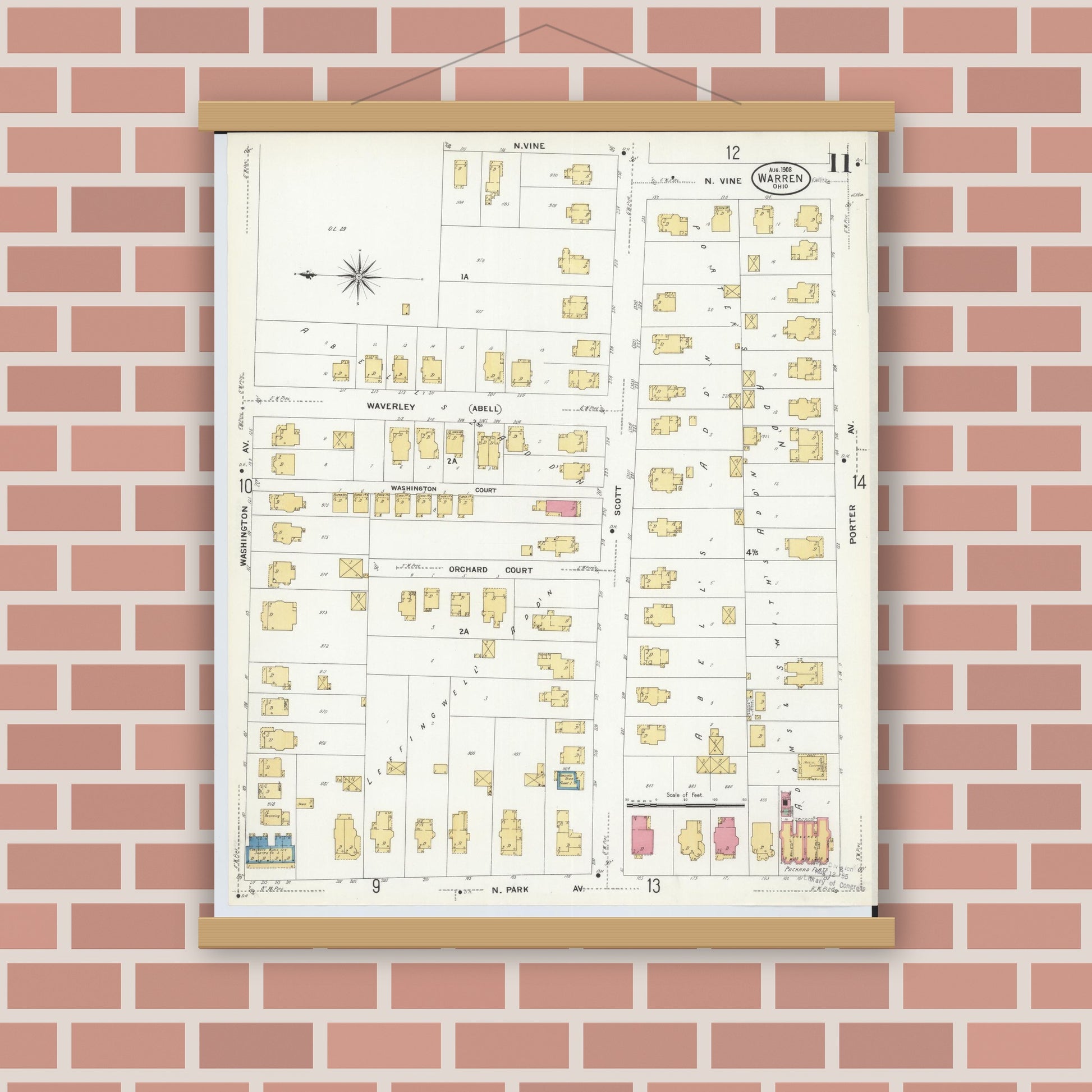 Old map wall art mockup — magnetic wood frame on brick wall — Sanborn Fire Insurance Map from Warren, Trumbull County, Ohio (1908), Sheet #0011
