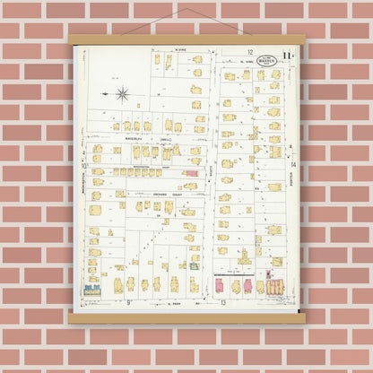 Old map wall art mockup — magnetic wood frame on brick wall — Sanborn Fire Insurance Map from Warren, Trumbull County, Ohio (1908), Sheet #0011