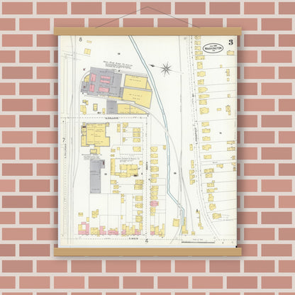 Old map wall art mockup — magnetic wood frame on brick wall — Sanborn Fire Insurance Map from Washington, Washington County, Pennsylvania (1904), Sheet #0003