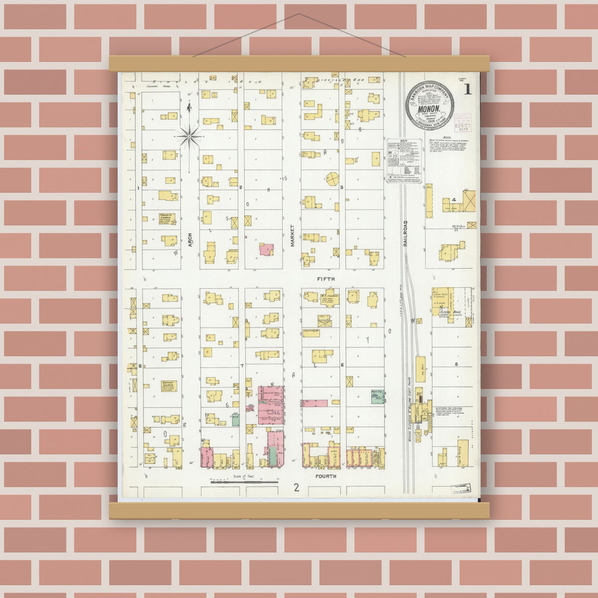 Old map wall art mockup — magnetic wood frame on brick wall — Sanborn Fire Insurance Map from Monon, White County, Indiana (1904), Sheet #0001