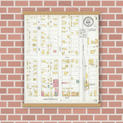 Old map wall art mockup — magnetic wood frame on brick wall — Sanborn Fire Insurance Map from Monon, White County, Indiana (1904), Sheet #0001