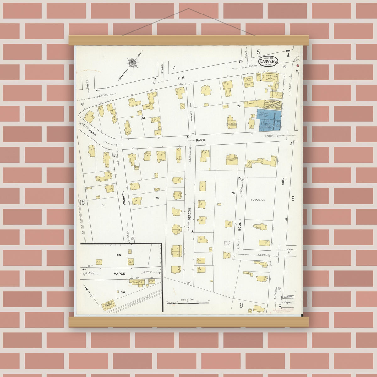 Old map wall art mockup — magnetic wood frame on brick wall — Sanborn Fire Insurance Map from Danvers, Essex County, Massachusetts (1916), Sheet #0007