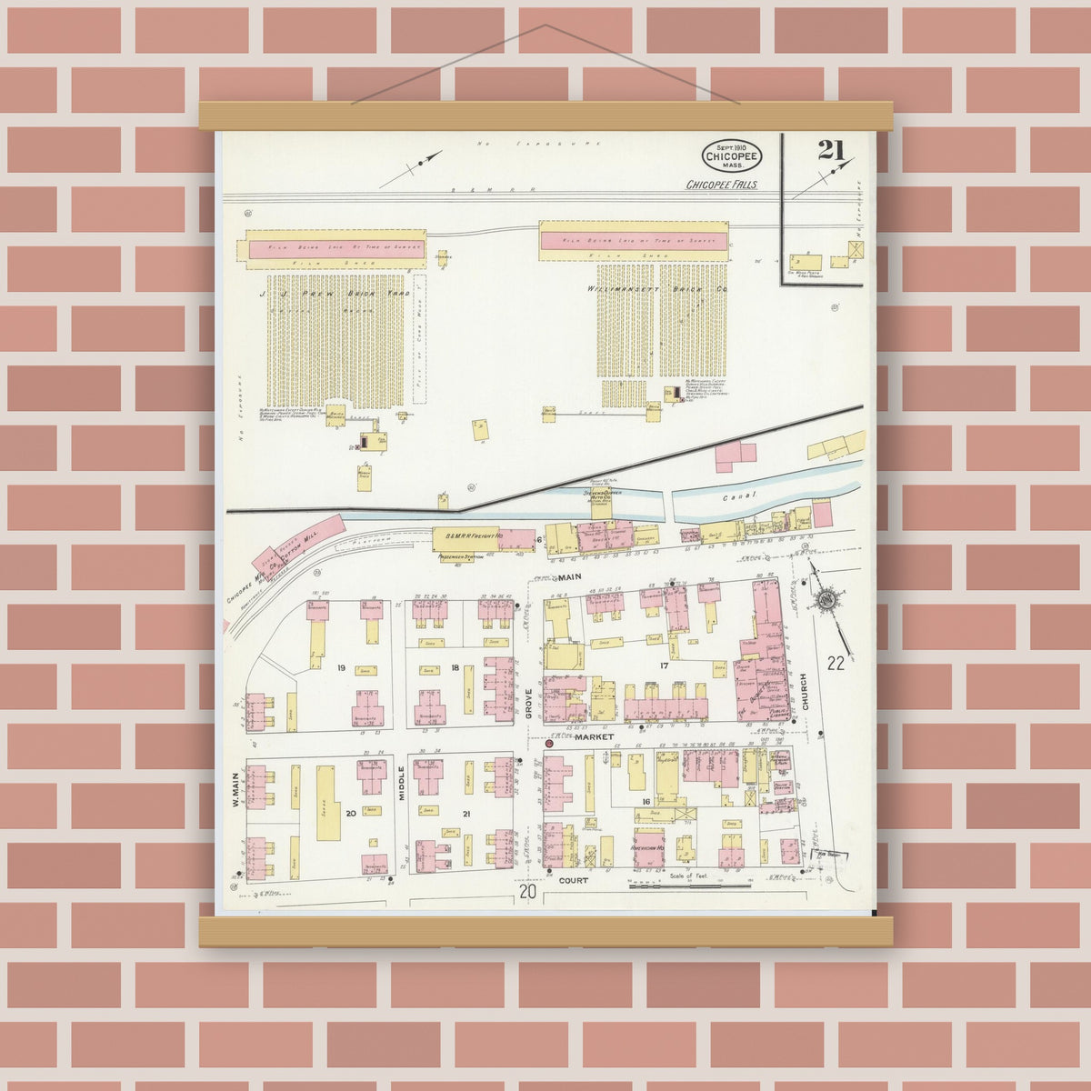 Old map wall art mockup — magnetic wood frame on brick wall — Sanborn Fire Insurance Map from Chicopee, Hampden County, Massachusetts (1910), Sheet #0021