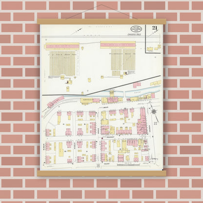 Old map wall art mockup — magnetic wood frame on brick wall — Sanborn Fire Insurance Map from Chicopee, Hampden County, Massachusetts (1910), Sheet #0021