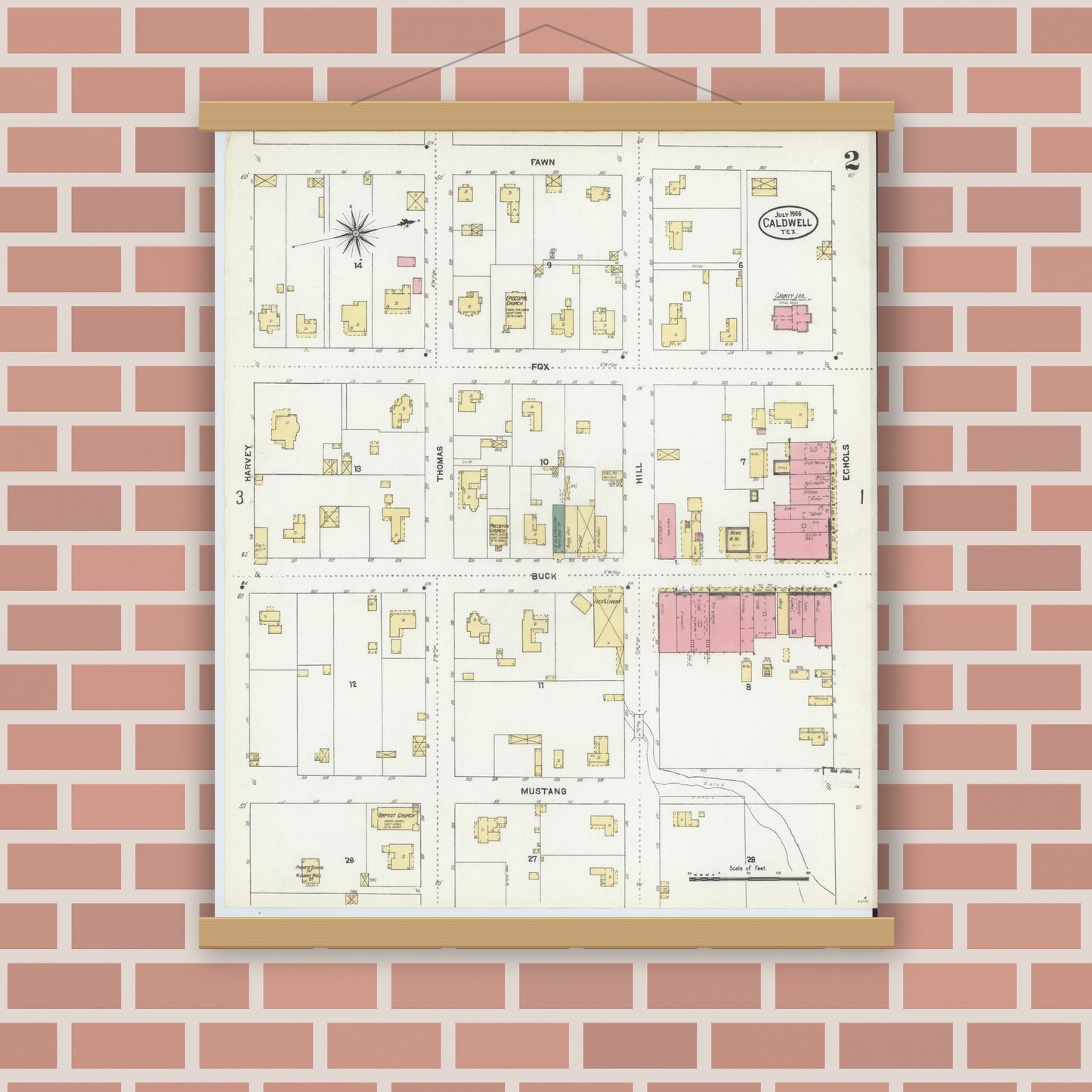 Old map wall art mockup — magnetic wood frame on brick wall — Sanborn Fire Insurance Map from Caldwell, Burleson County, Texas (1906), Sheet #0002