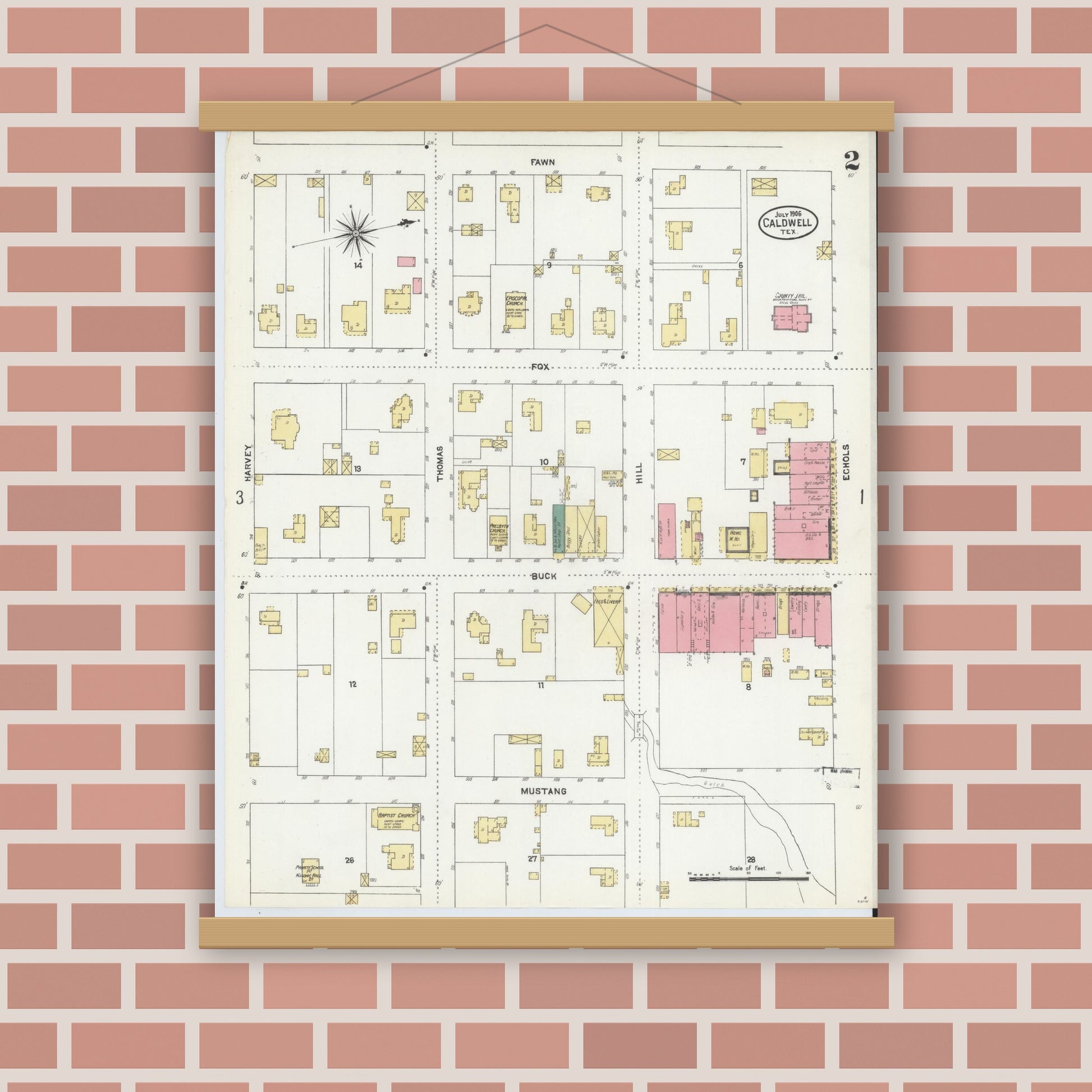 Old map wall art mockup — magnetic wood frame on brick wall — Sanborn Fire Insurance Map from Caldwell, Burleson County, Texas (1906), Sheet #0002